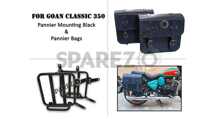 For Royal Enfield Goan Classic 350 Leather Pannier Navy blue Bags With Mounting - SPAREZO For Royal Enfield Goan Classic 350 Leather Pannier Navy blue Bags With Mounting - SPAREZO